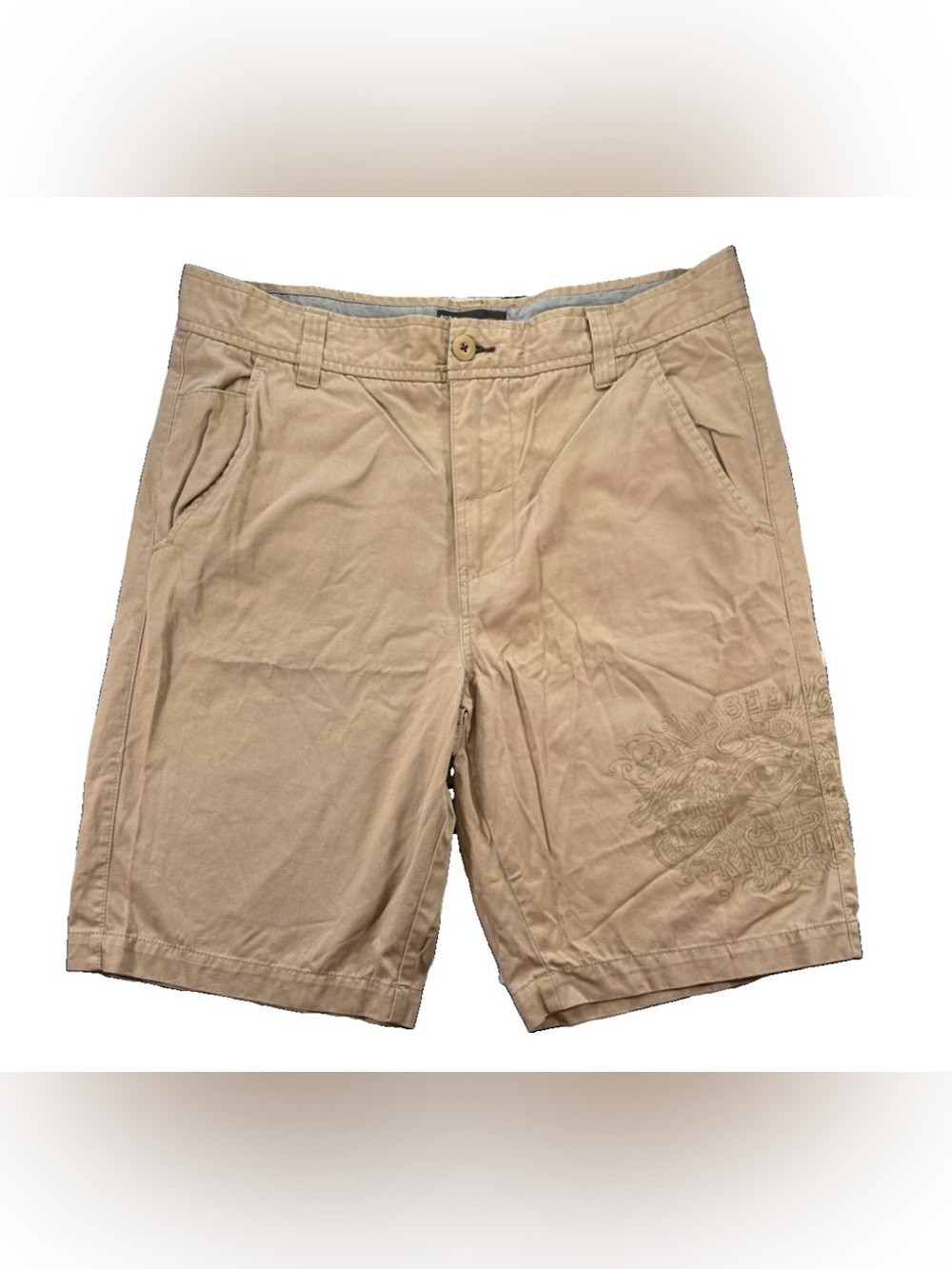 Vintage No Boundaries All Seeing Chino Shorts Men's 36 Beige Aztec Skater Y2K
